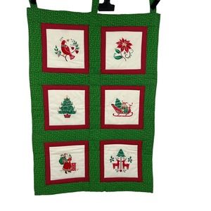 Vintage Handmade Square Quilt Christmas Sleigh Santa Reindeer‎ Poinsettia